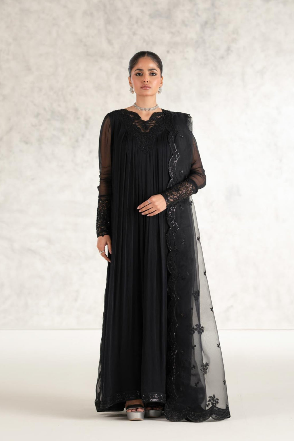 Black Embroidered Chiffon Formal Gown (2-Piece) - Image 1