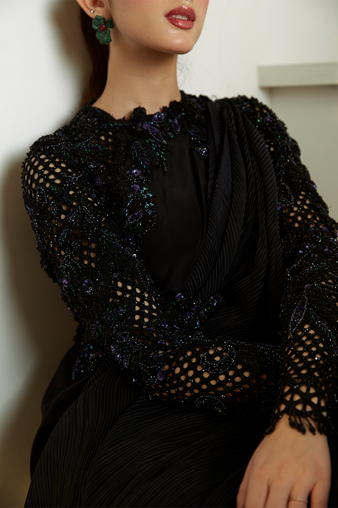 Pakistani Black Cutwork Beaded Crepe Gown (2-Piece) - Image 2