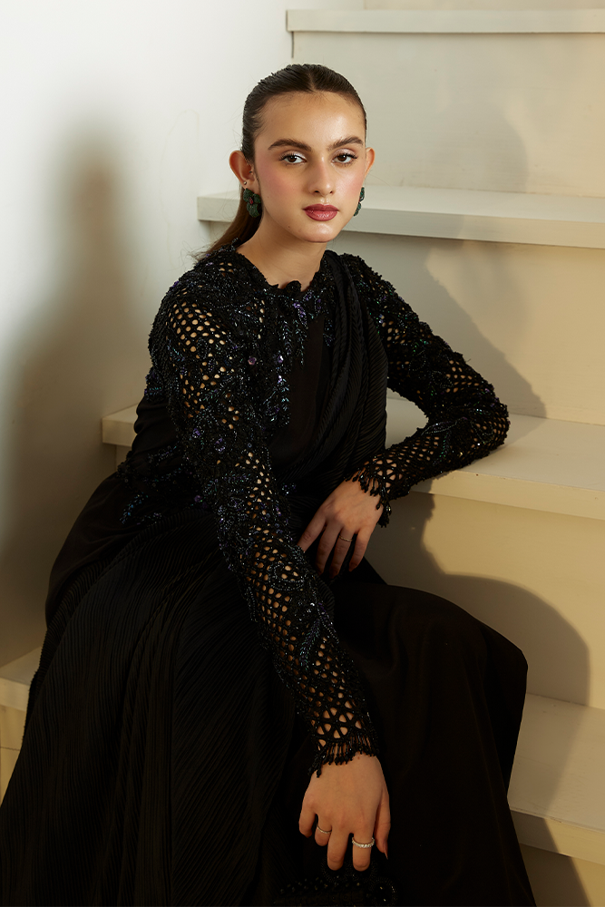 Pakistani Black Cutwork Beaded Crepe Gown (2-Piece) - Image 3