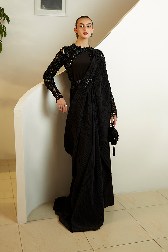 Pakistani Black Cutwork Beaded Crepe Gown (2-Piece) - Image 4