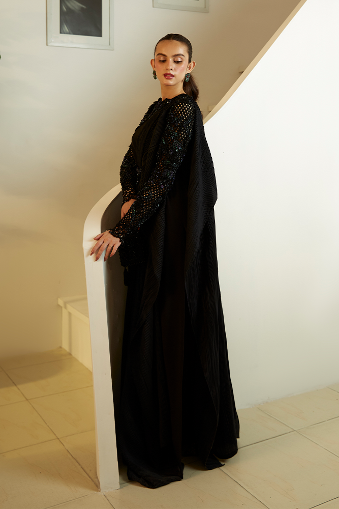 Pakistani Black Cutwork Beaded Crepe Gown (2-Piece) - Image 5