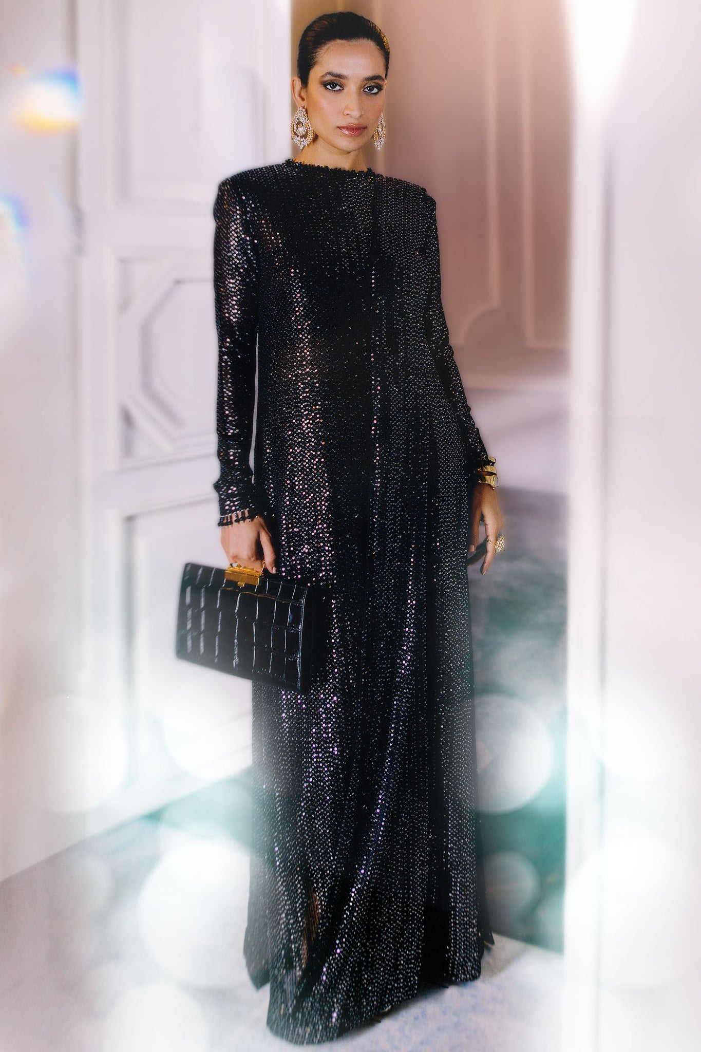 Black Sequin Georgette & Charmeuse Silk Gown (2-Piece) - Image 3