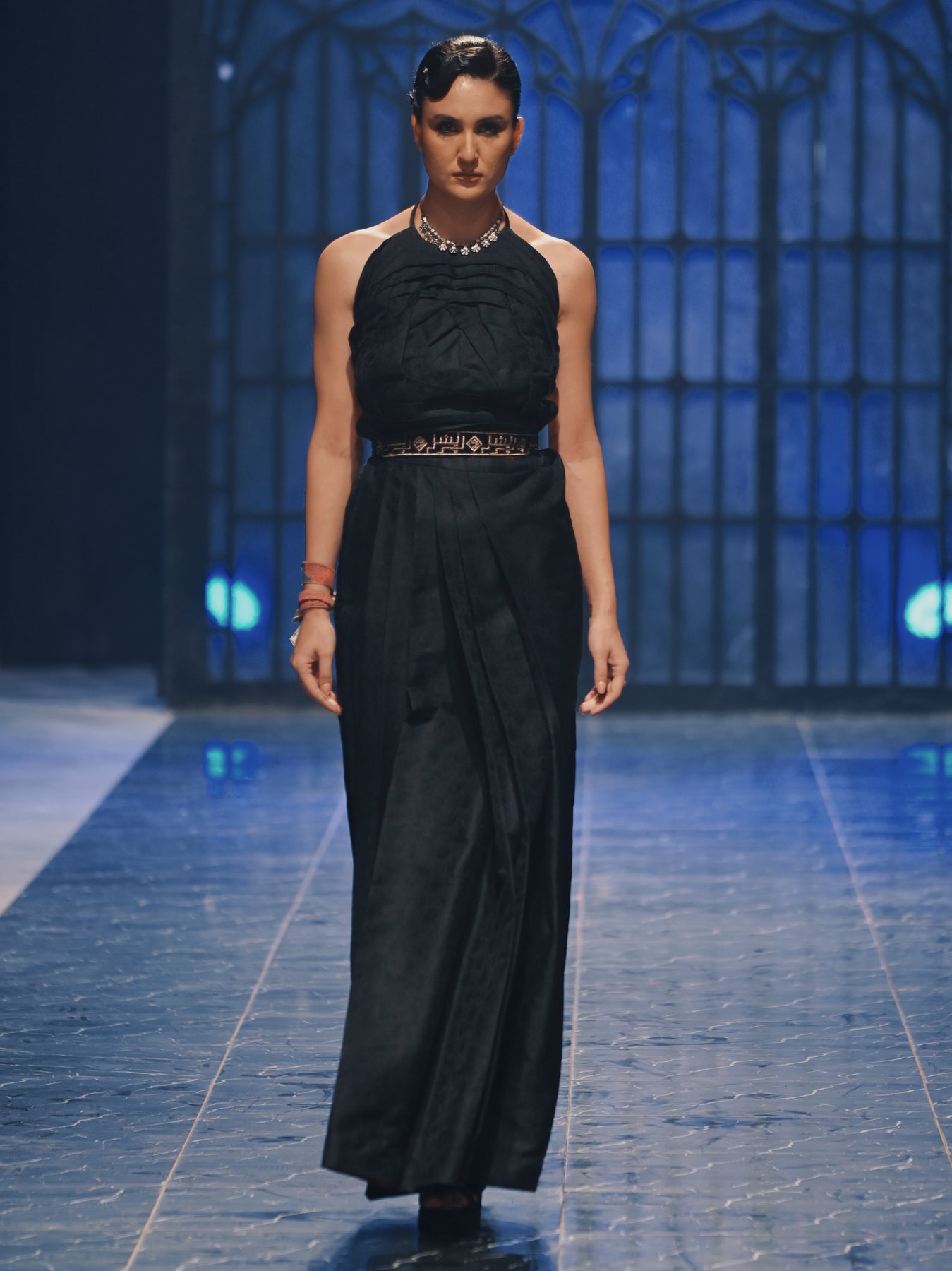 Pakistani Black Embroidered Jamawar Pleated Lehenga Choli (3-Piece) - Image 1