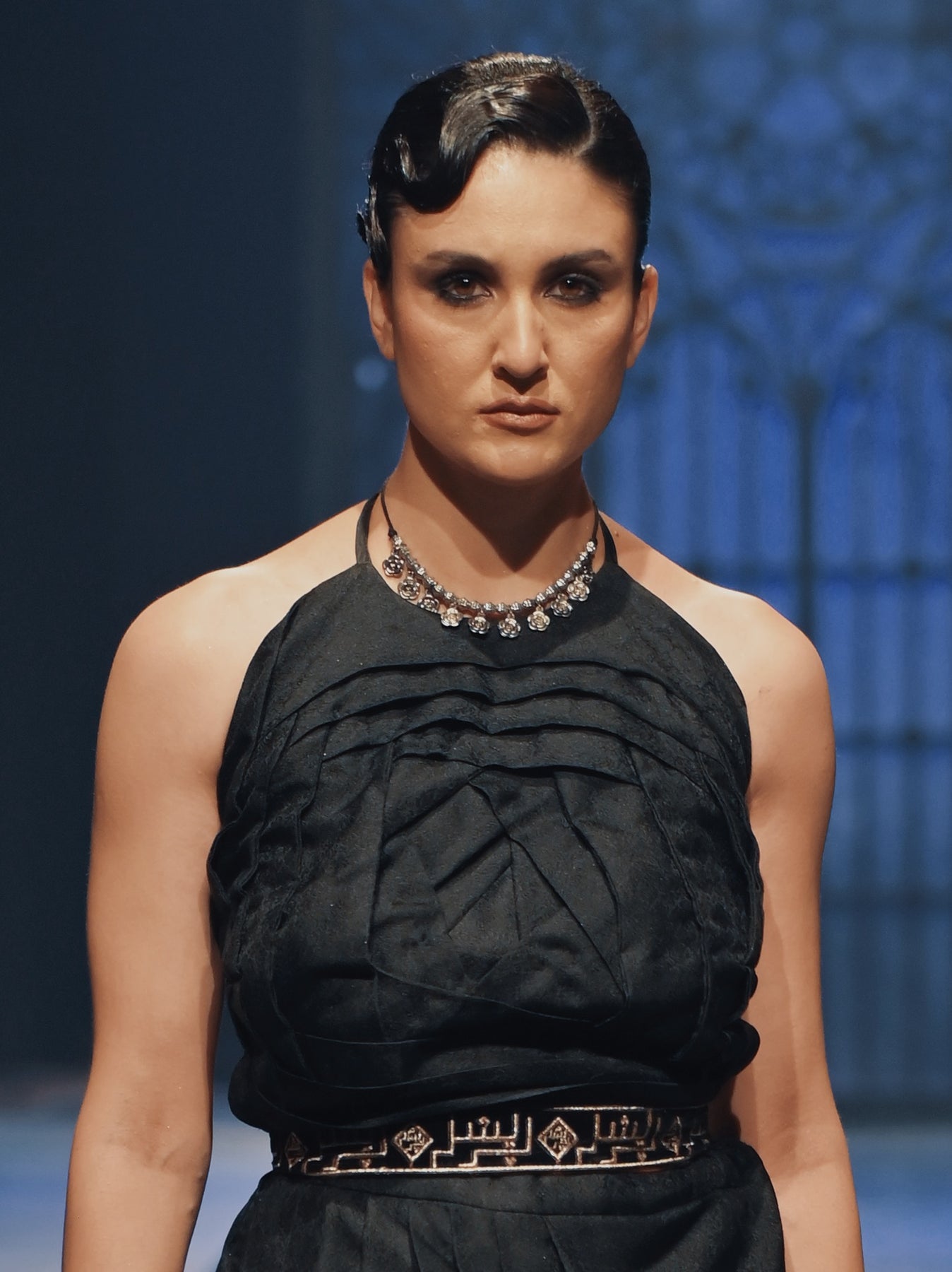 Pakistani Black Embroidered Jamawar Pleated Lehenga Choli (3-Piece) - Image 2