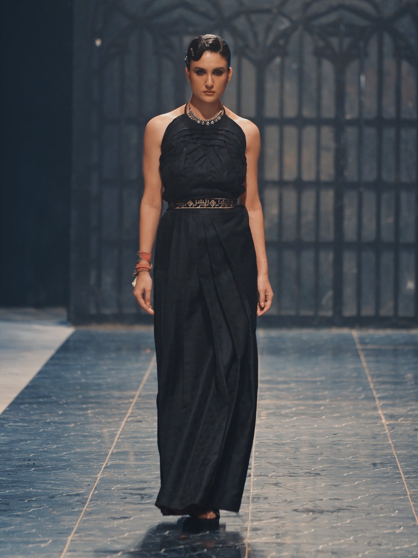 Pakistani Black Embroidered Jamawar Pleated Lehenga Choli (3-Piece) - Image 3