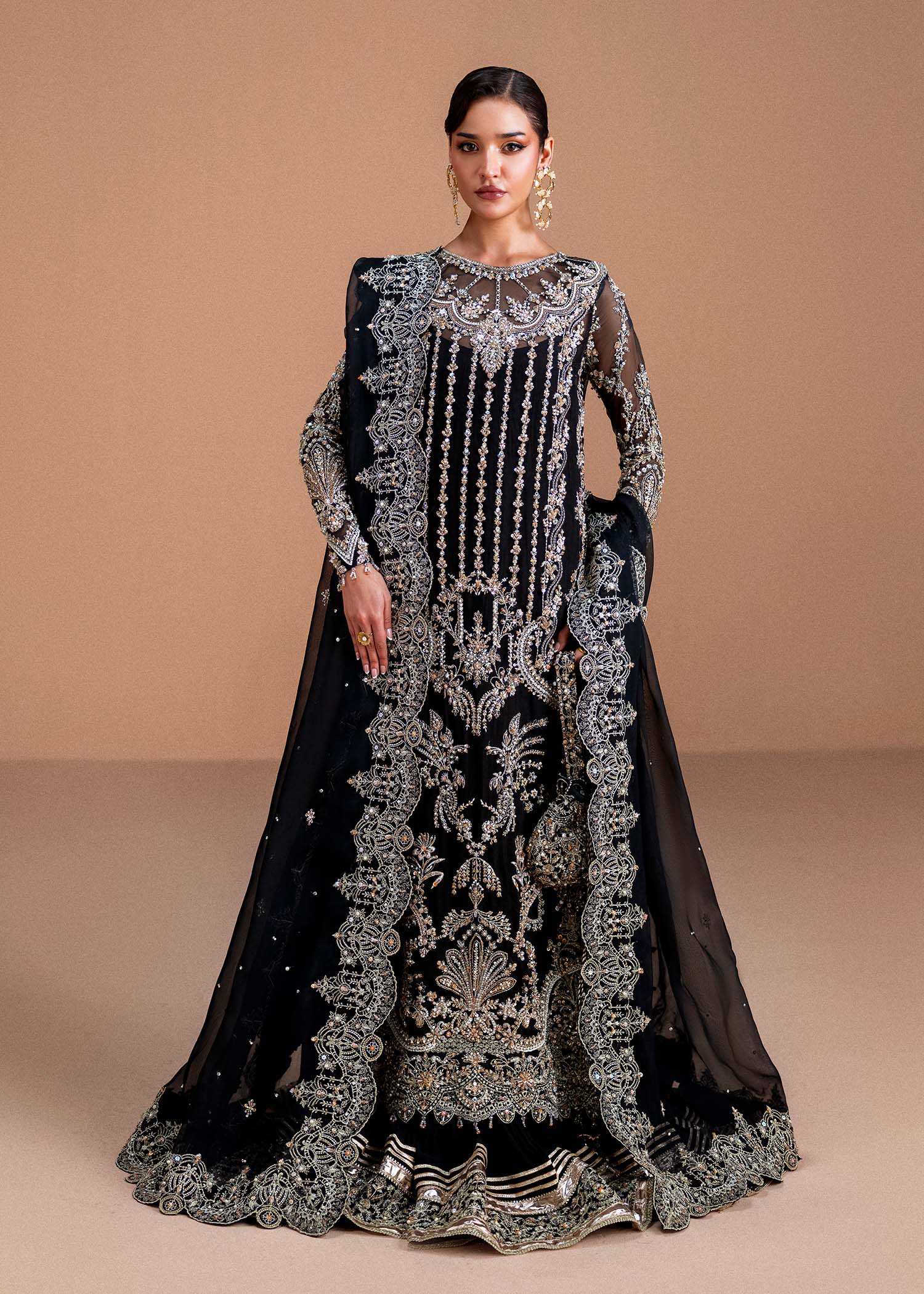 Indian Black Embellished Kathan Organza Gown (2-Piece) - Image 1