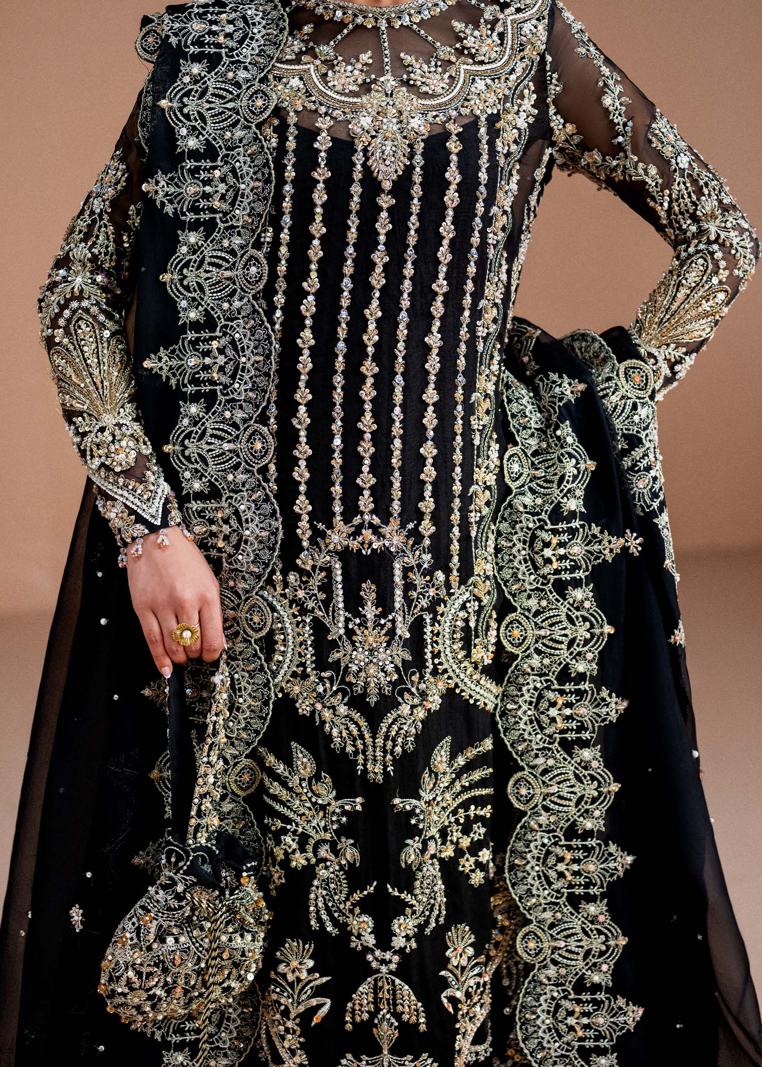 Indian Black Embellished Kathan Organza Gown (2-Piece) - Image 2