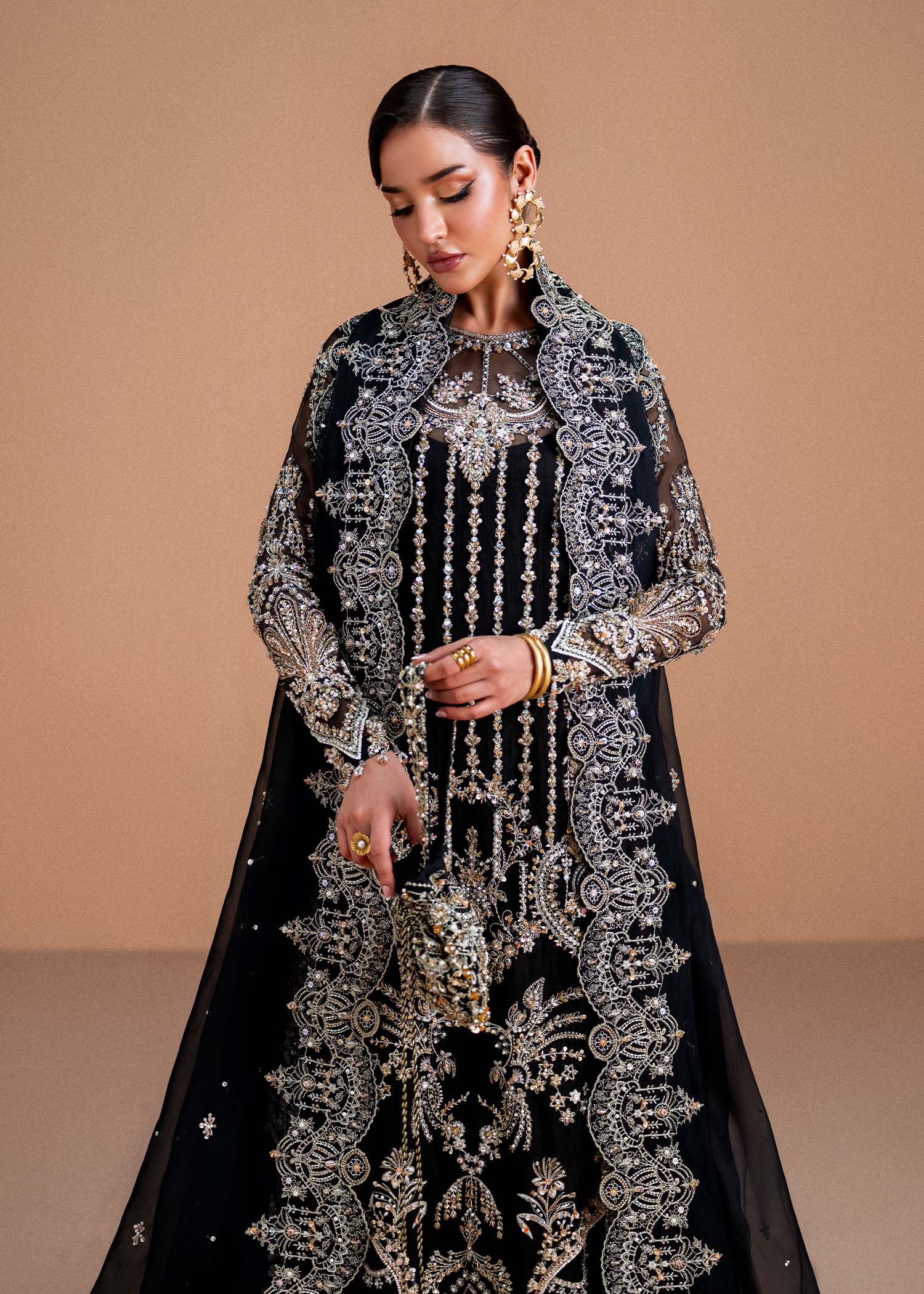 Indian Black Embellished Kathan Organza Gown (2-Piece) - Image 5