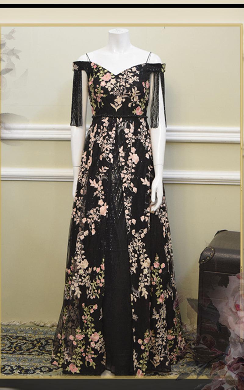 Pakistani Black Embroidered Net Off-Shoulder Gown (1-Pc) - Image 1