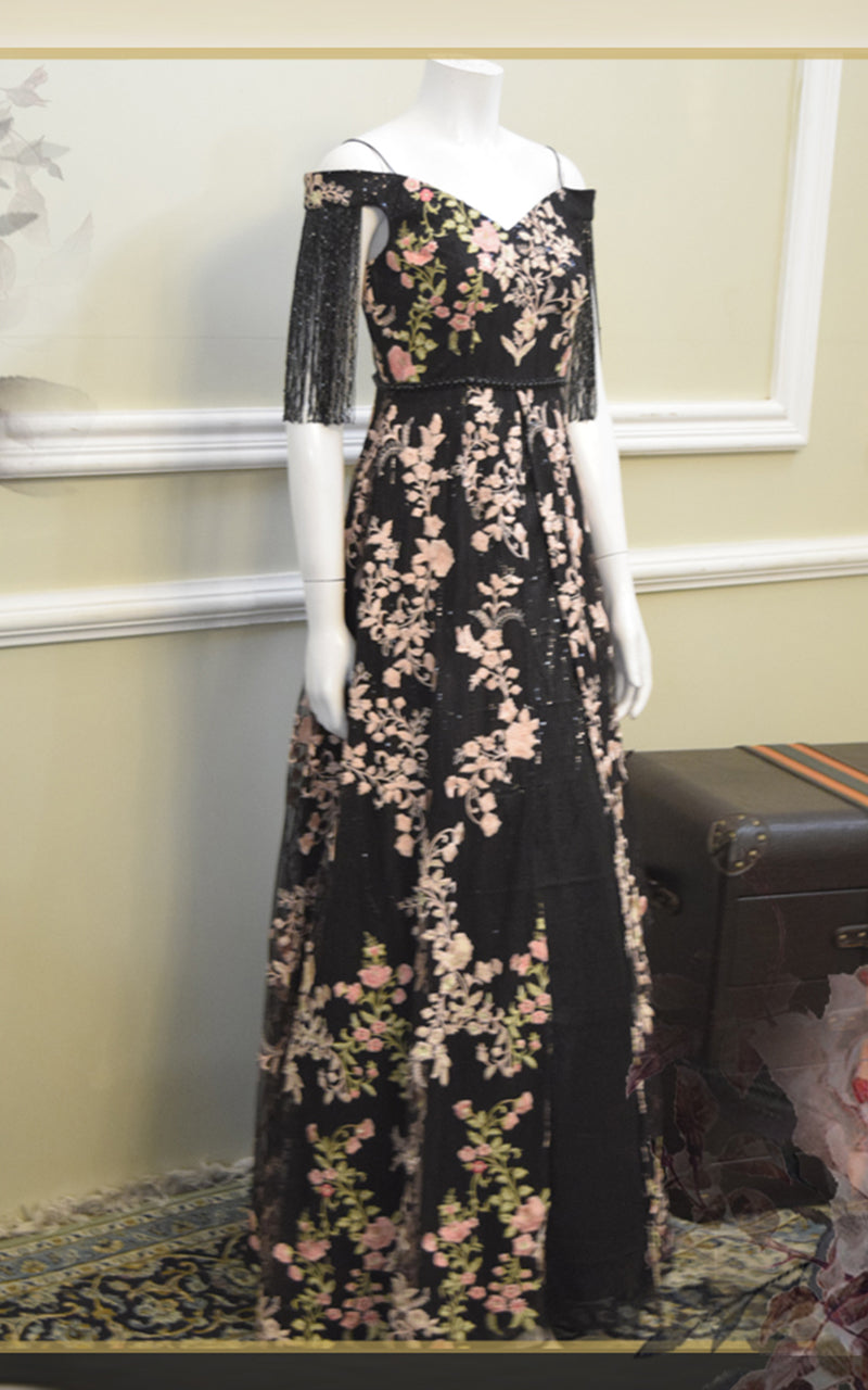 Pakistani Black Embroidered Net Off-Shoulder Gown (1-Pc) - Image 2