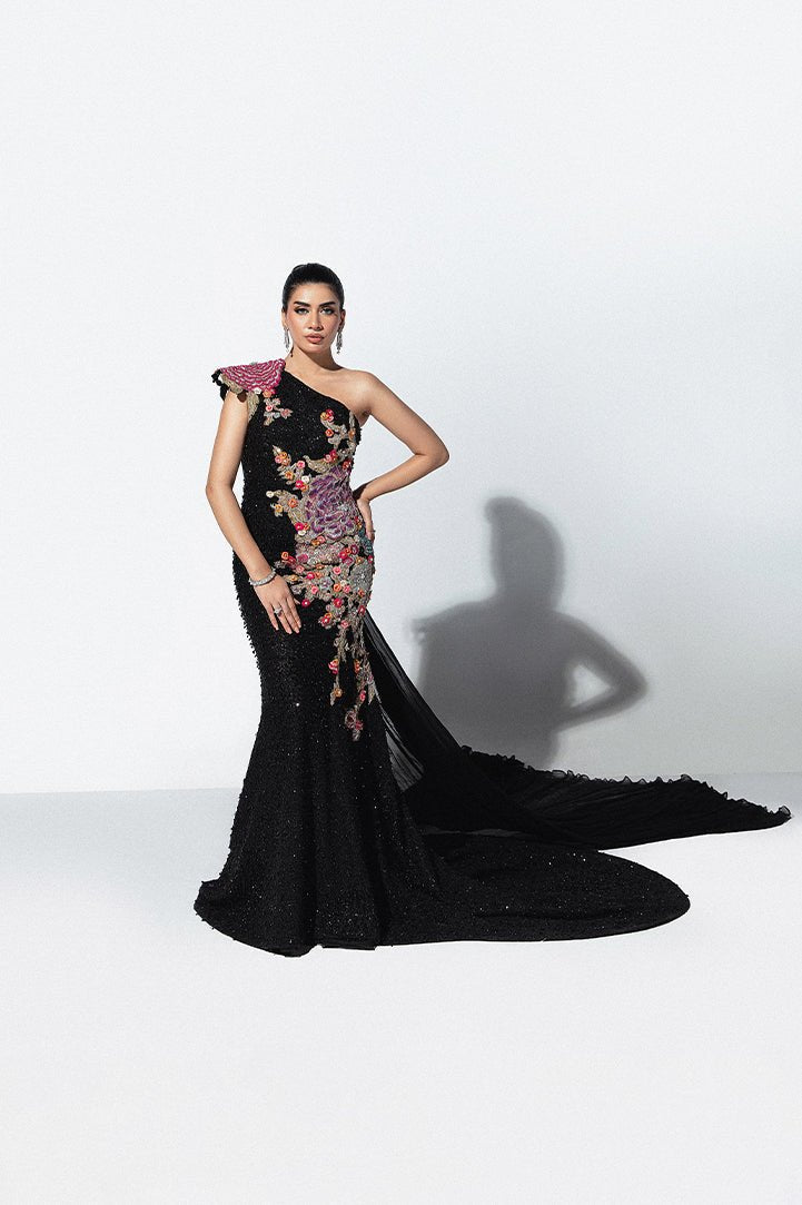 Black Embroidered Net One-Shoulder Gown (1-Pc) - Image 1