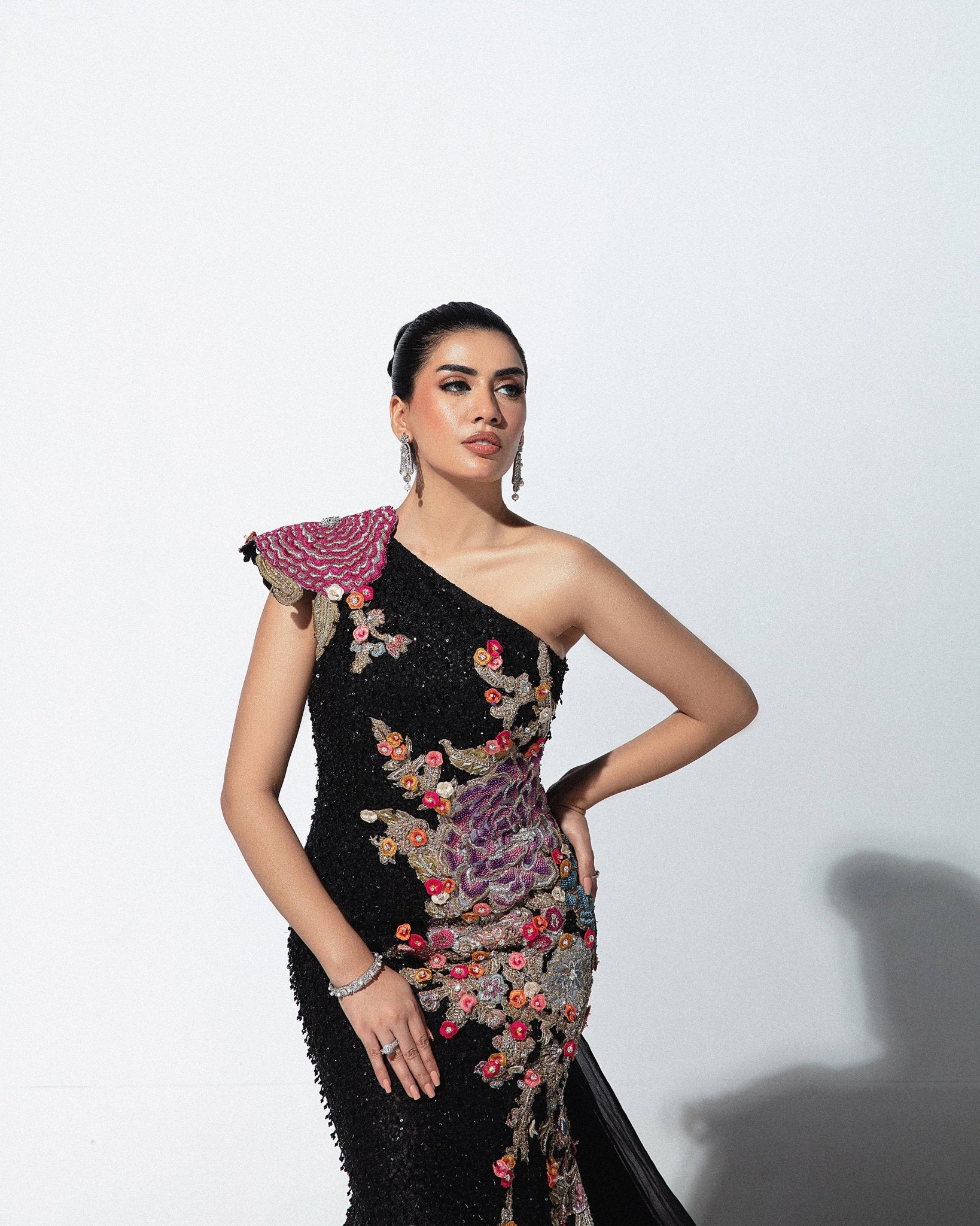 Black Embroidered Net One-Shoulder Gown (1-Pc) - Image 3