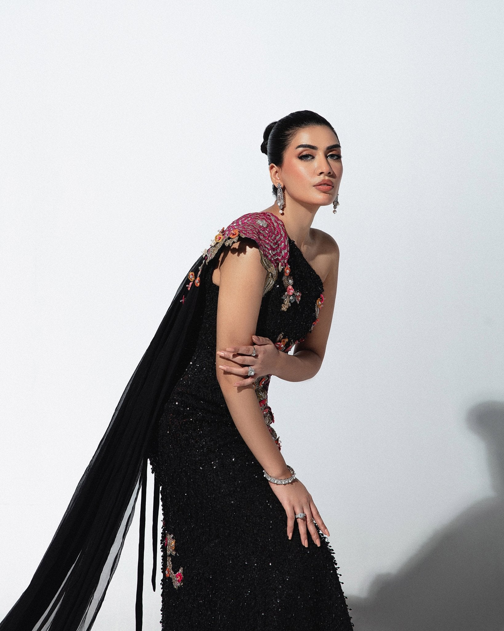 Black Embroidered Net One-Shoulder Gown (1-Pc) - Image 5