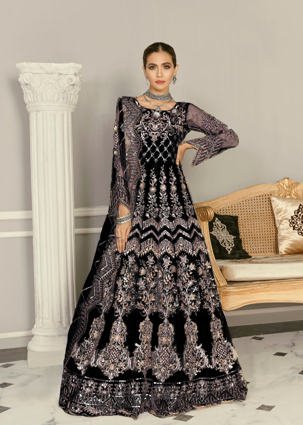 Black Hand-Embellished Net Formal Gown (2-Piece) - Image 1