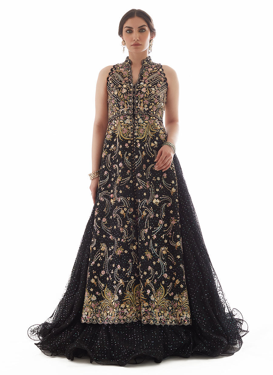 Pakistani Black Hand-Embellished Net & Organza Gown (2-Piece) - Image 1