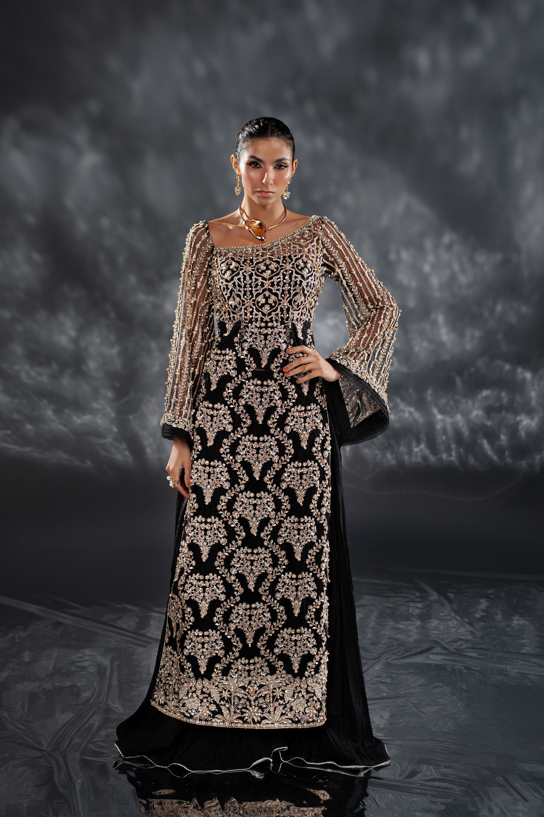 Black Embellished Net & Raw Silk Gown (2-Piece) - Image 1