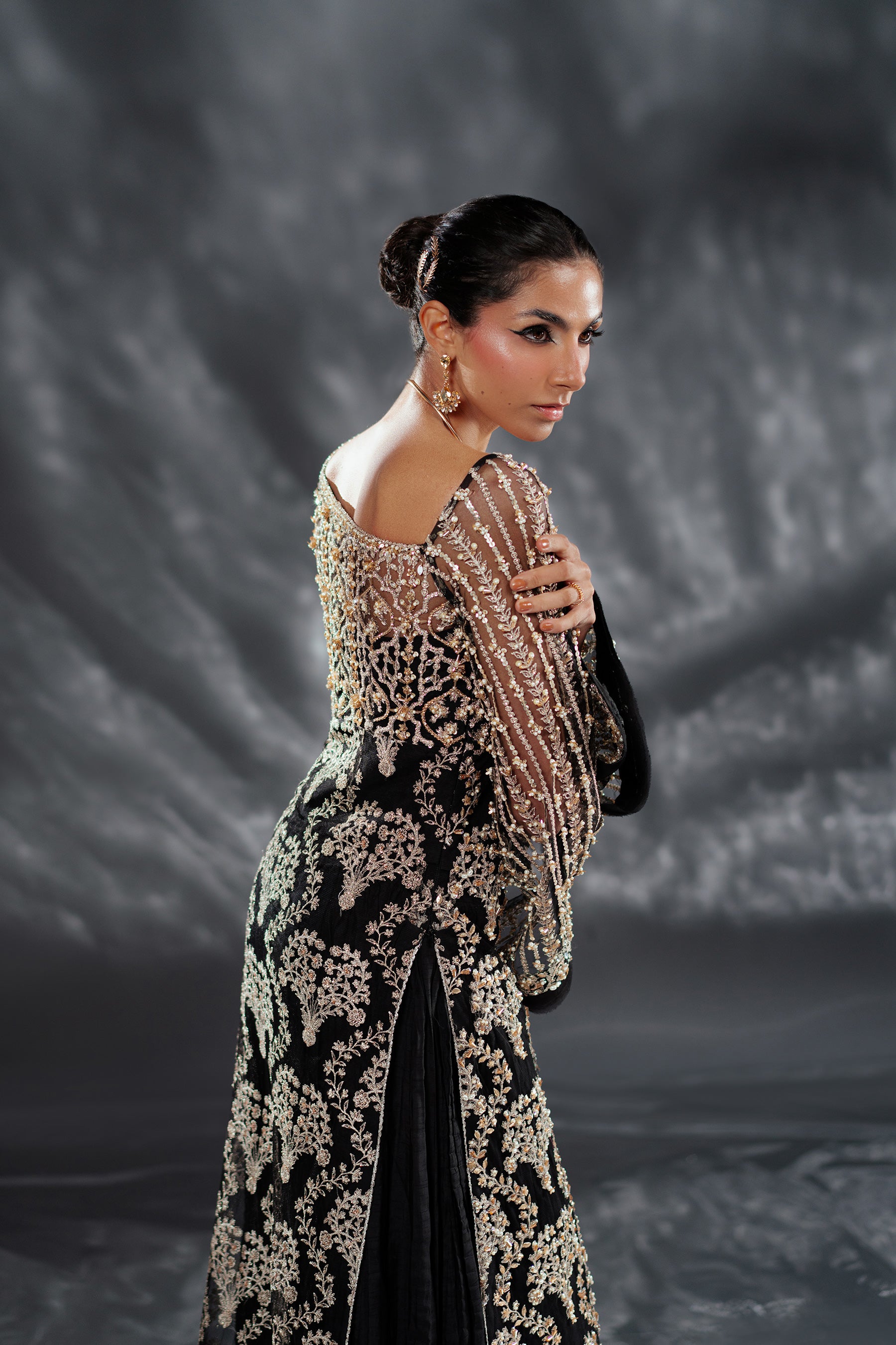 Black Embellished Net & Raw Silk Gown (2-Piece) - Image 3