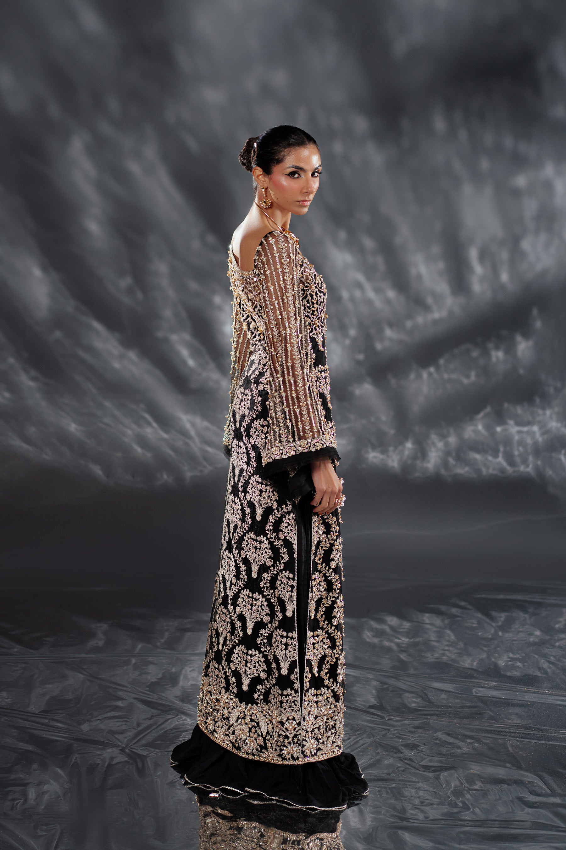Black Embellished Net & Raw Silk Gown (2-Piece) - Image 4