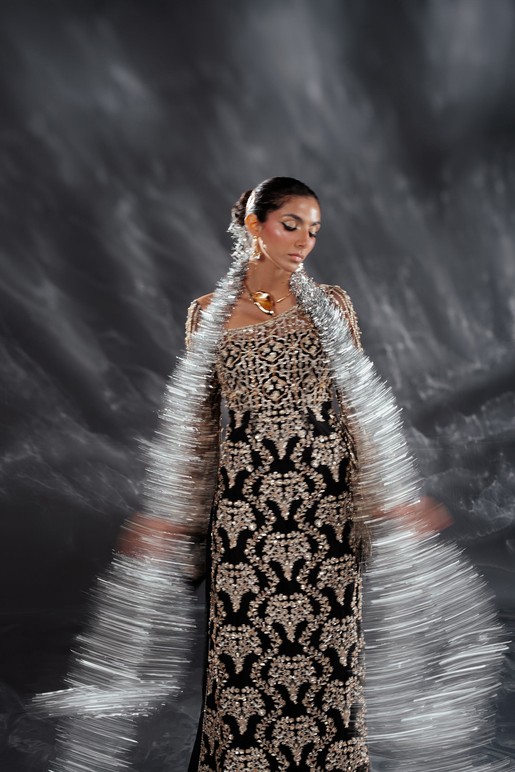 Black Embellished Net & Raw Silk Gown (2-Piece) - Image 5