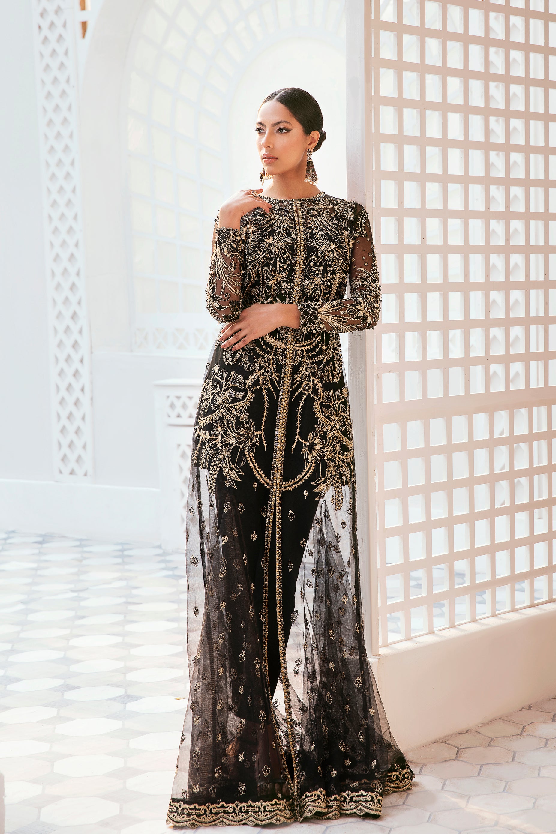 Pakistani Black Golden Embroidered Net Gown (3-Piece) - Image 1