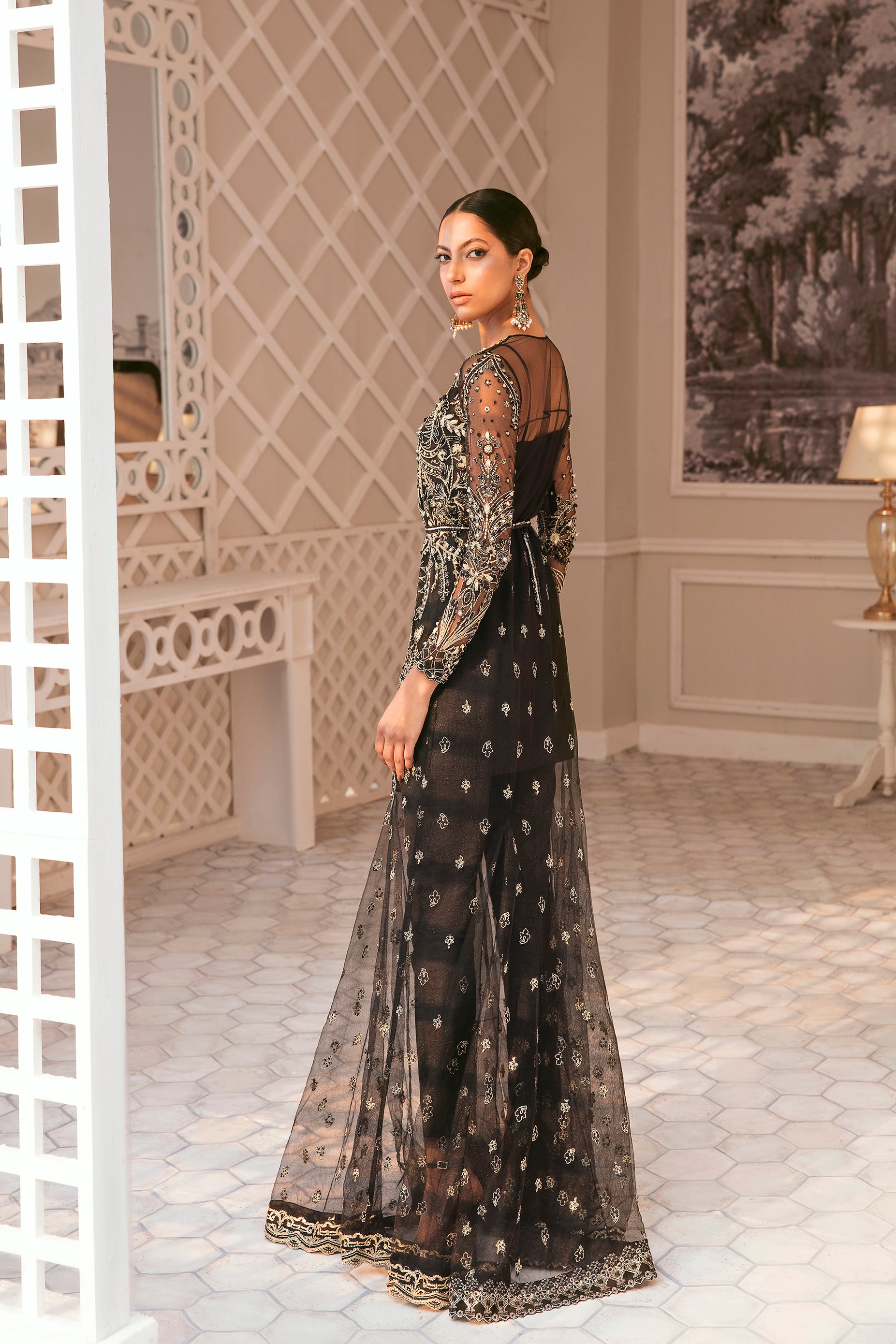 Pakistani Black Golden Embroidered Net Gown (3-Piece) - Image 4