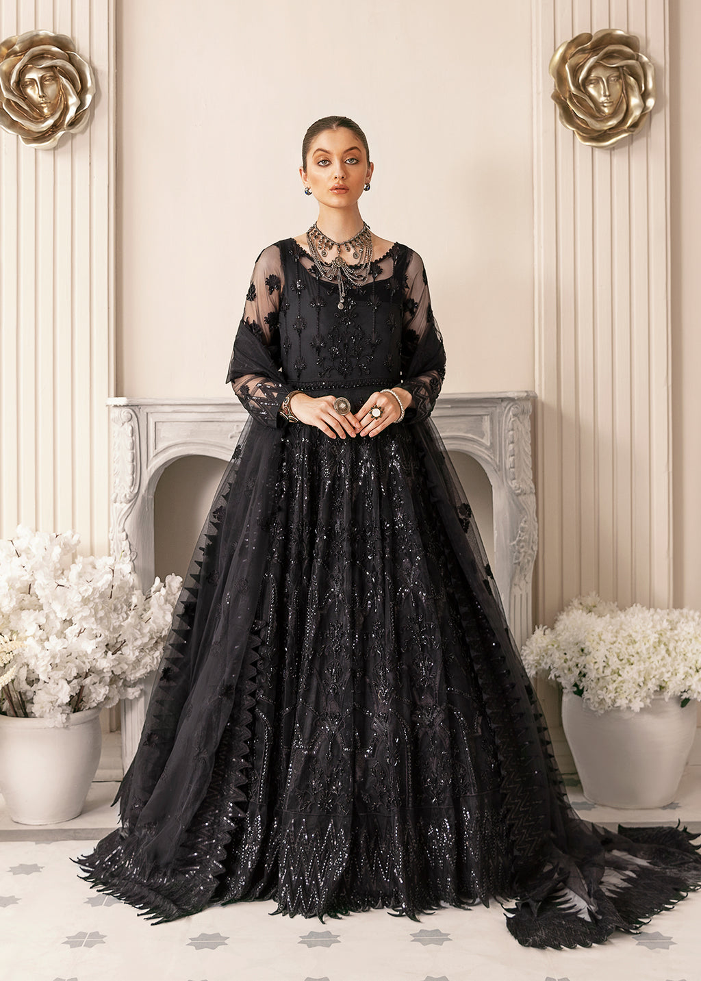 Pakistani Black Hand-Embellished Net & Tissue Gown (2-Piece) - Image 1