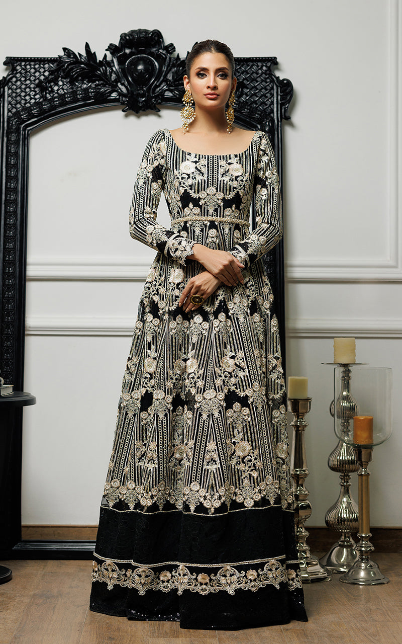 Pakistani Black Embroidered Net Maxi Dress (1-Pc) - Image 1