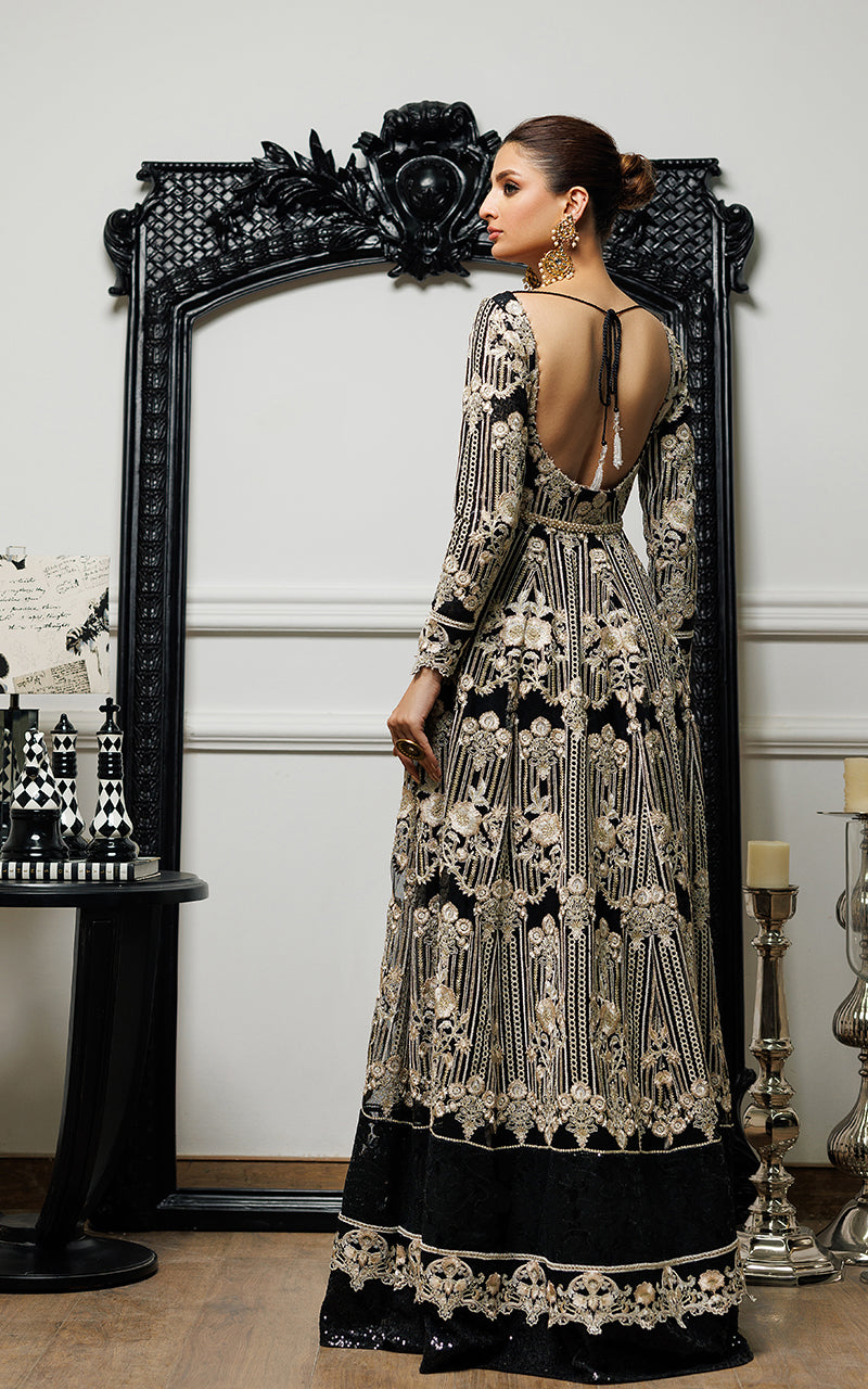 Pakistani Black Embroidered Net Maxi Dress (1-Pc) - Image 2