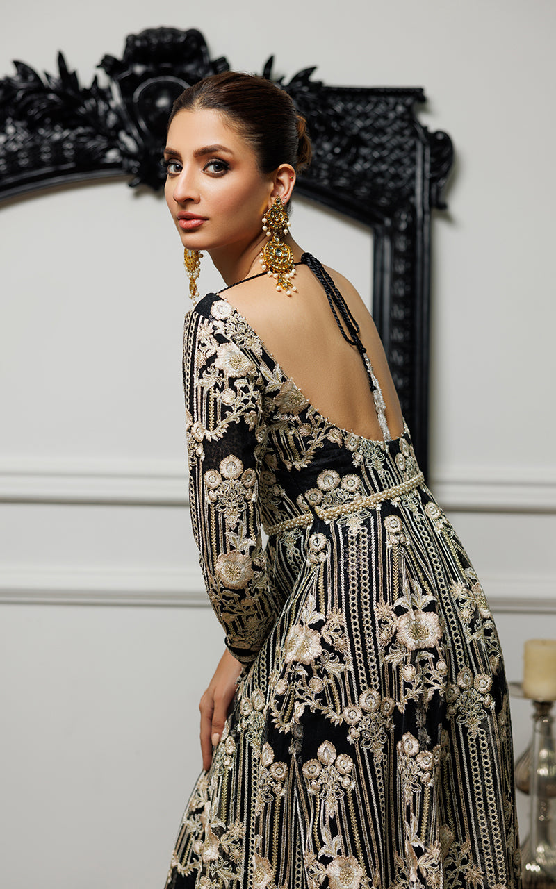 Pakistani Black Embroidered Net Maxi Dress (1-Pc) - Image 3