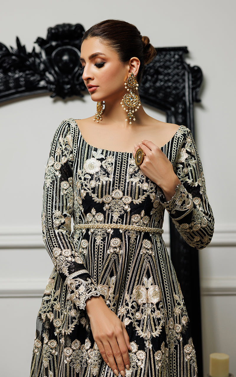 Pakistani Black Embroidered Net Maxi Dress (1-Pc) - Image 4
