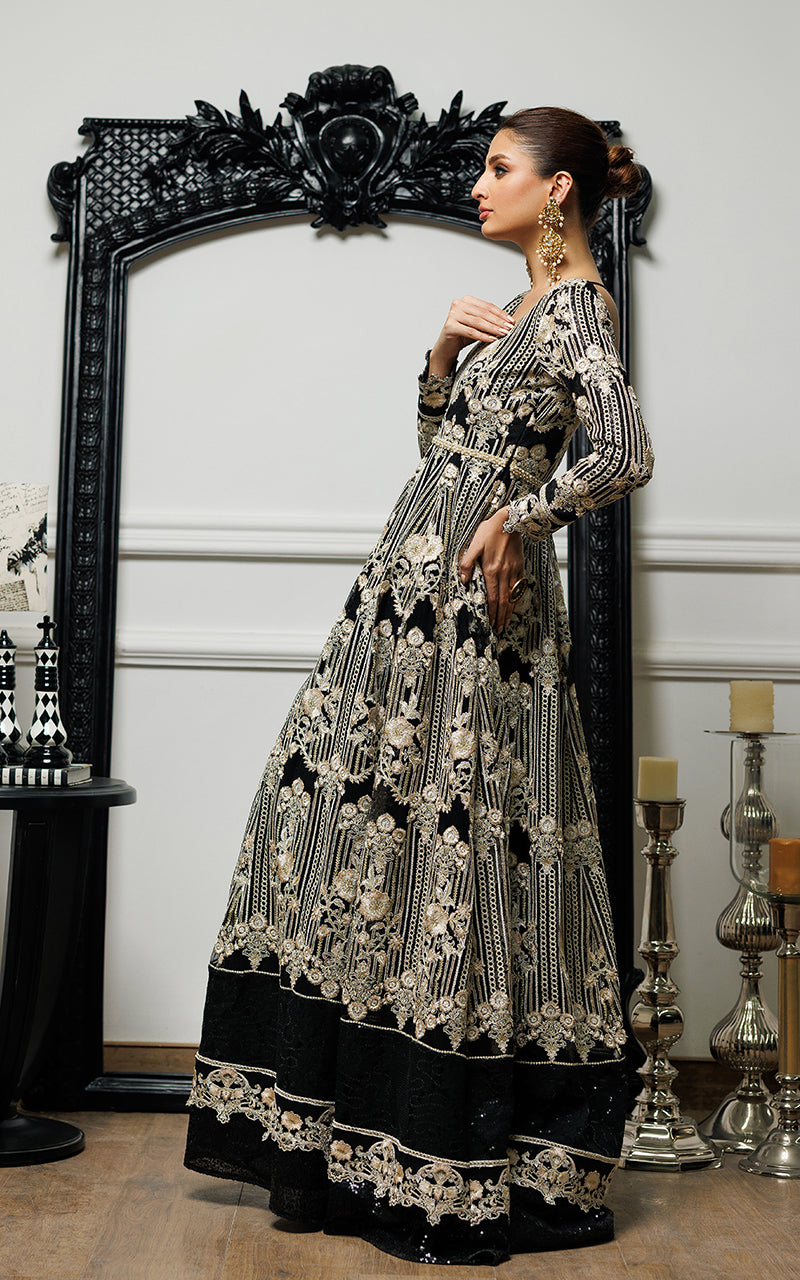Pakistani Black Embroidered Net Maxi Dress (1-Pc) - Image 5