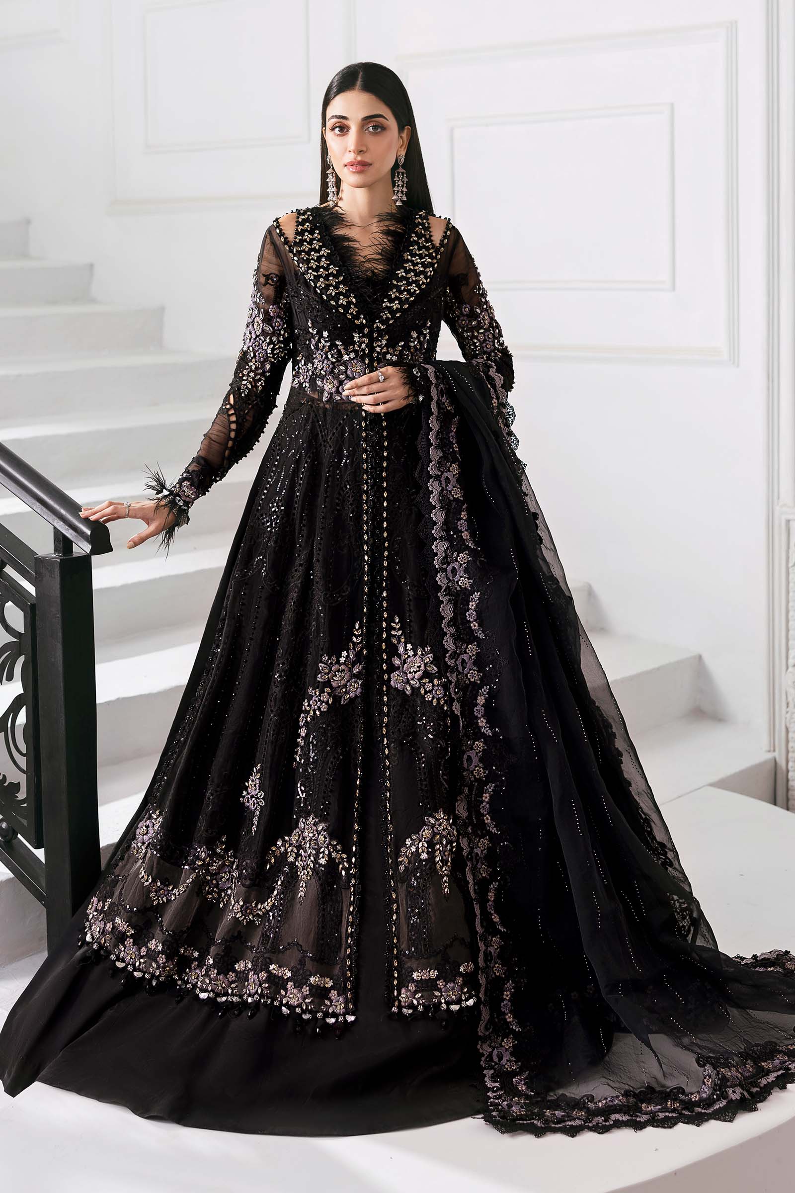 Black Embroidered Organza Gown (3-Piece) - Image 1