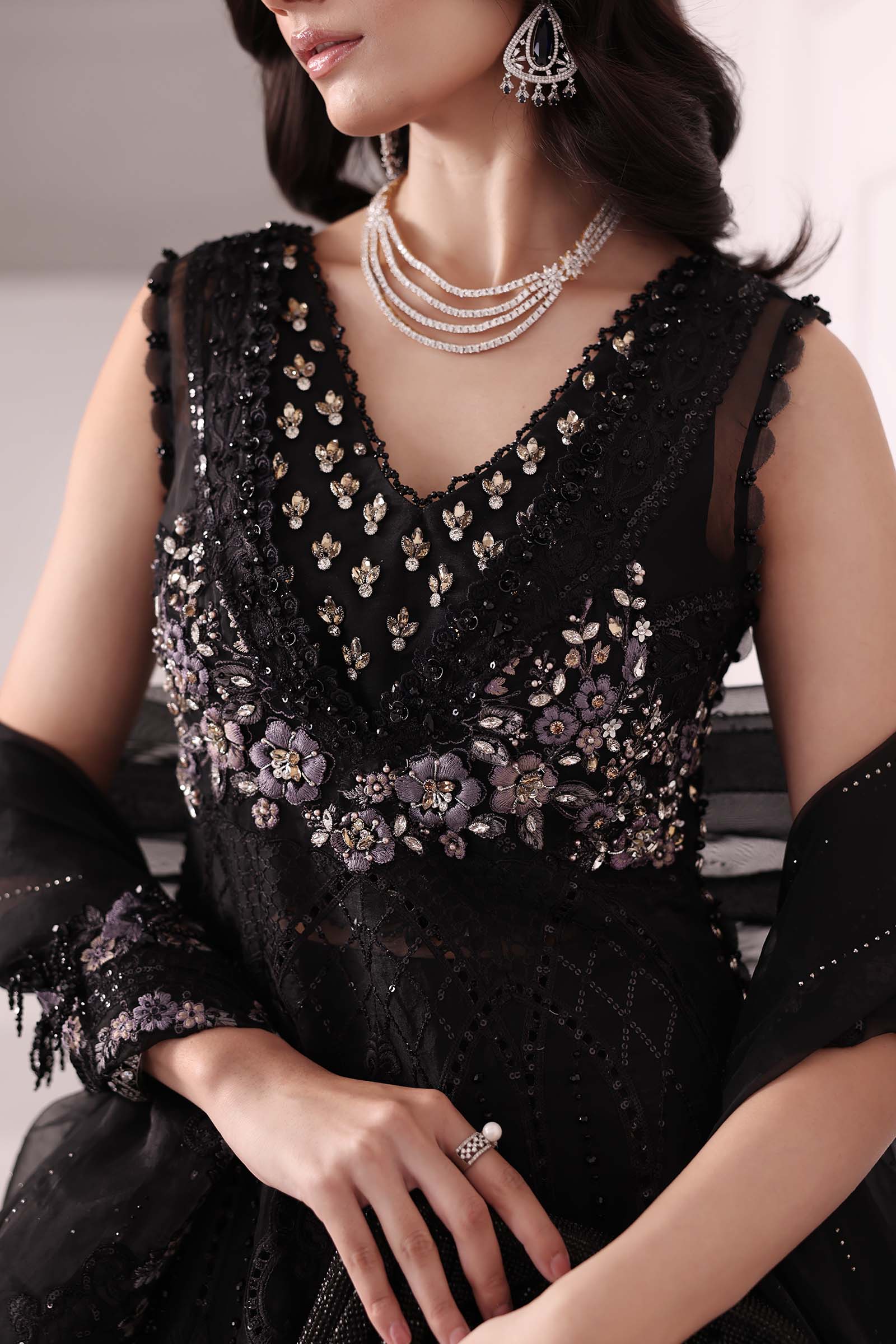 Black Embroidered Organza Gown (3-Piece) - Image 16