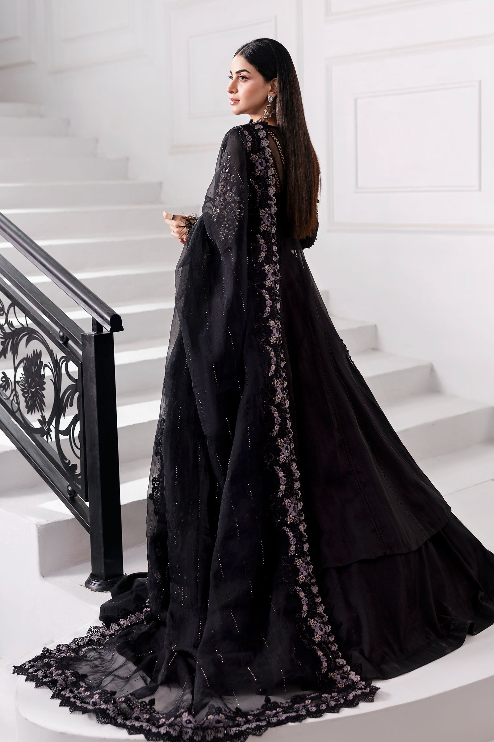 Black Embroidered Organza Gown (3-Piece) - Image 17