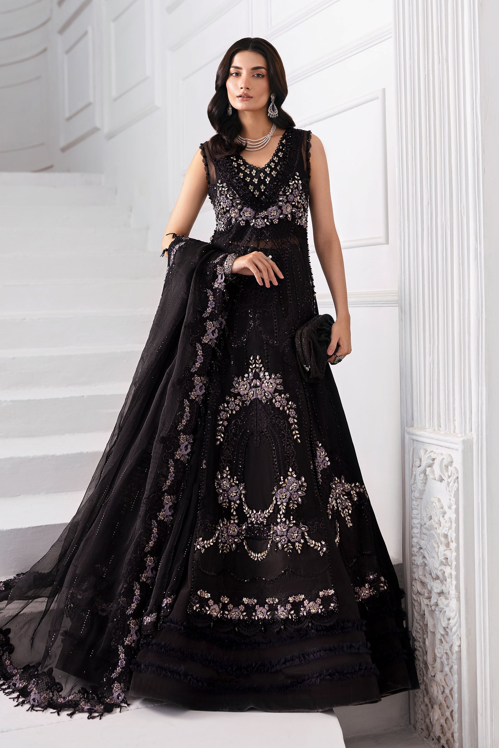 Black Embroidered Organza Gown (3-Piece) - Image 3