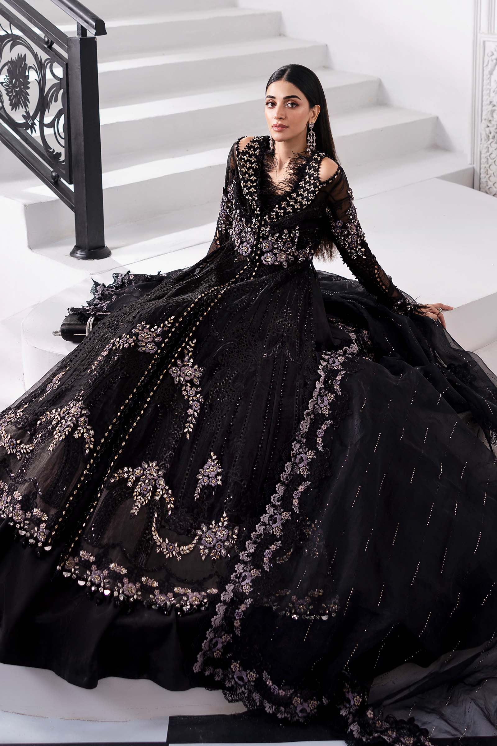 Black Embroidered Organza Gown (3-Piece) - Image 8
