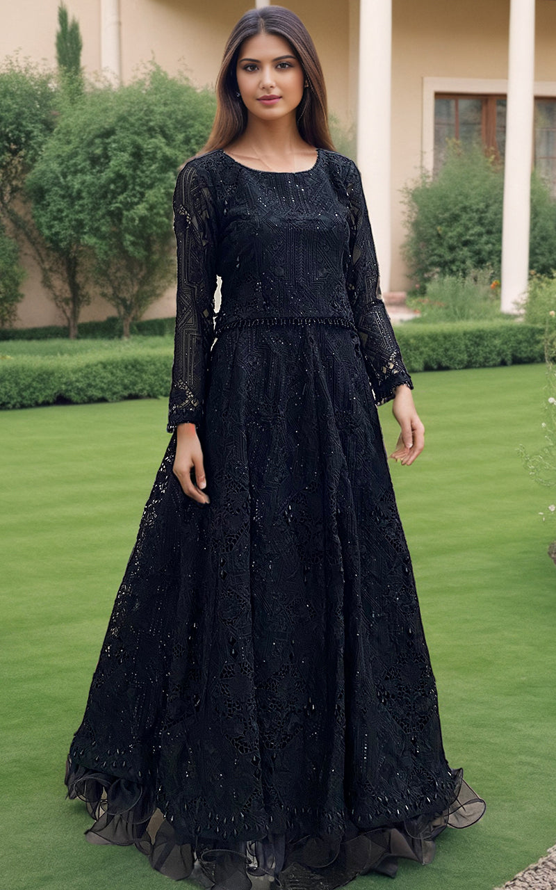 Pakistani Black Embroidered Organza Gown with Sequins (1-Pc) - Image 2