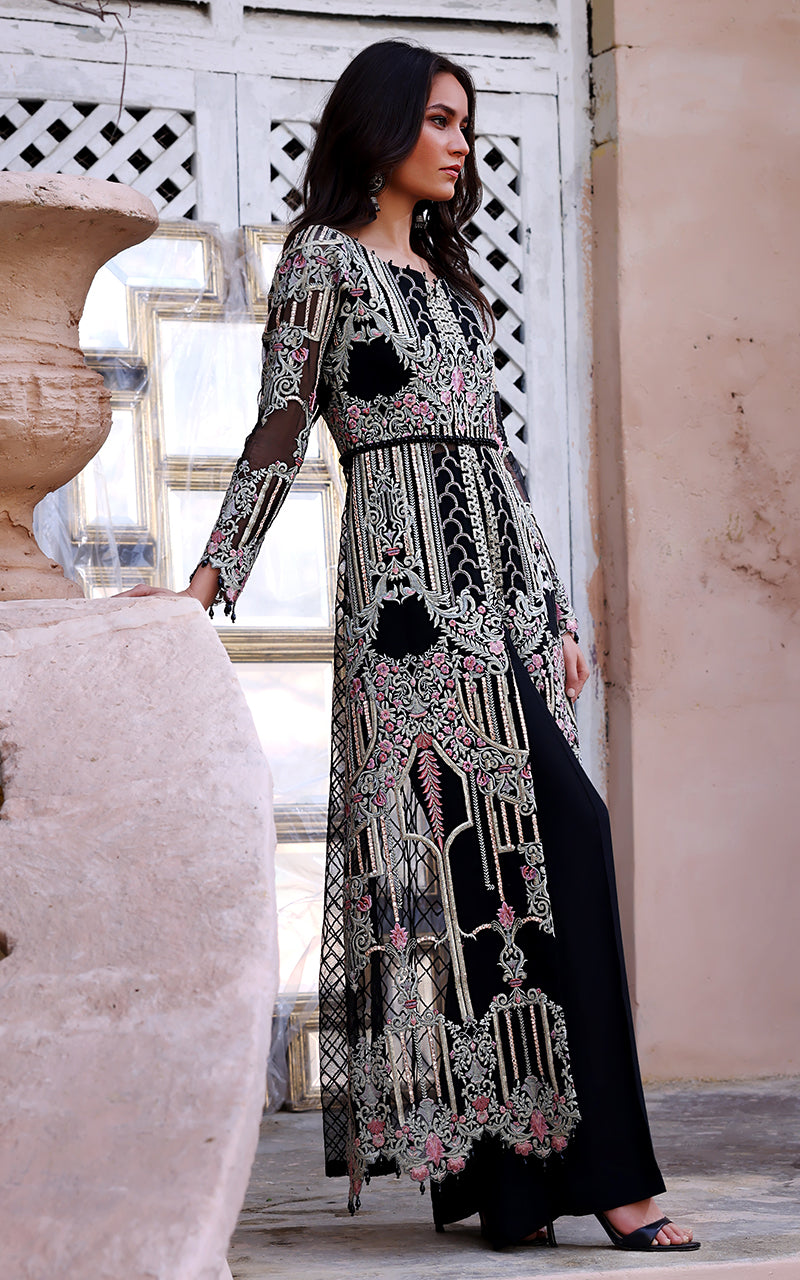 Pakistani Black Embroidered Organza Gown (1-Pc) - Image 1