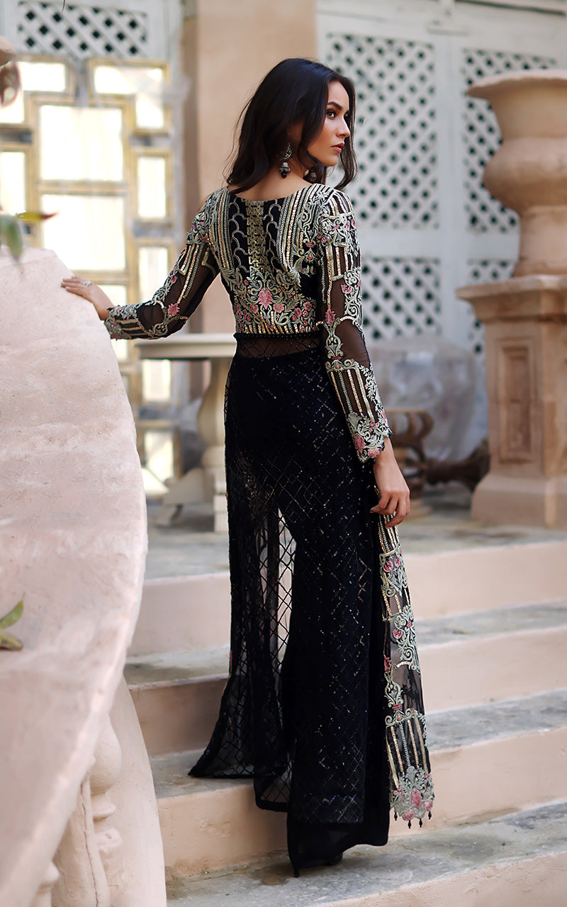 Pakistani Black Embroidered Organza Gown (1-Pc) - Image 2