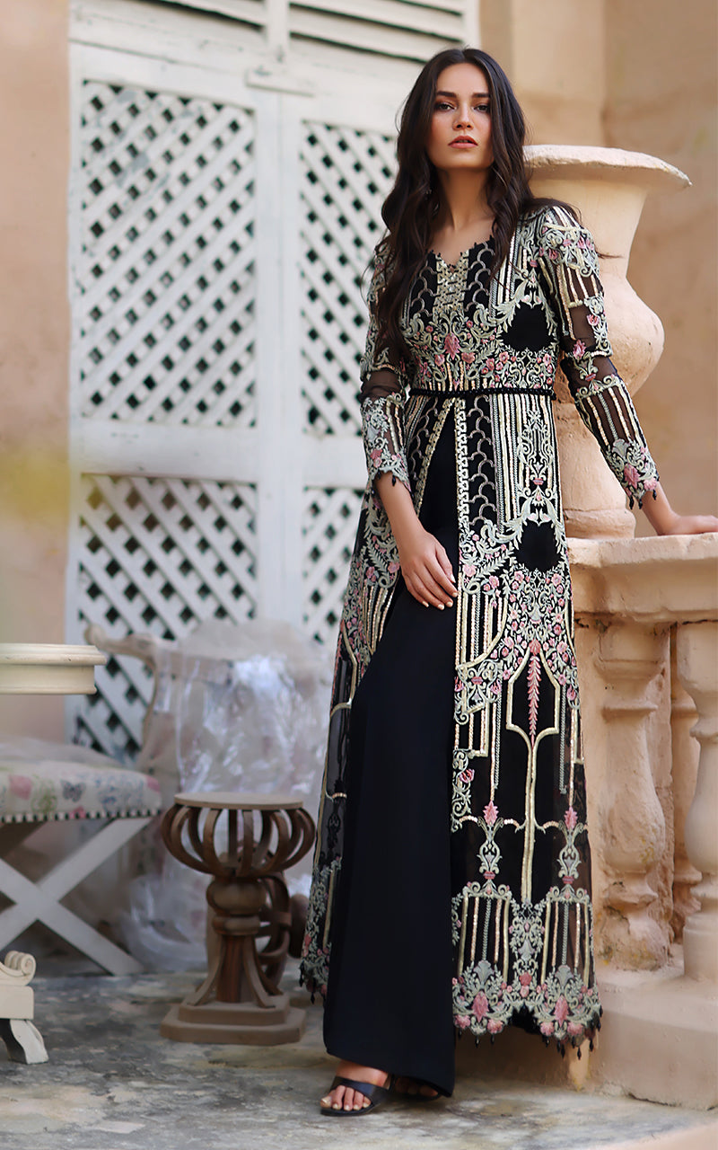 Pakistani Black Embroidered Organza Gown (1-Pc) - Image 3