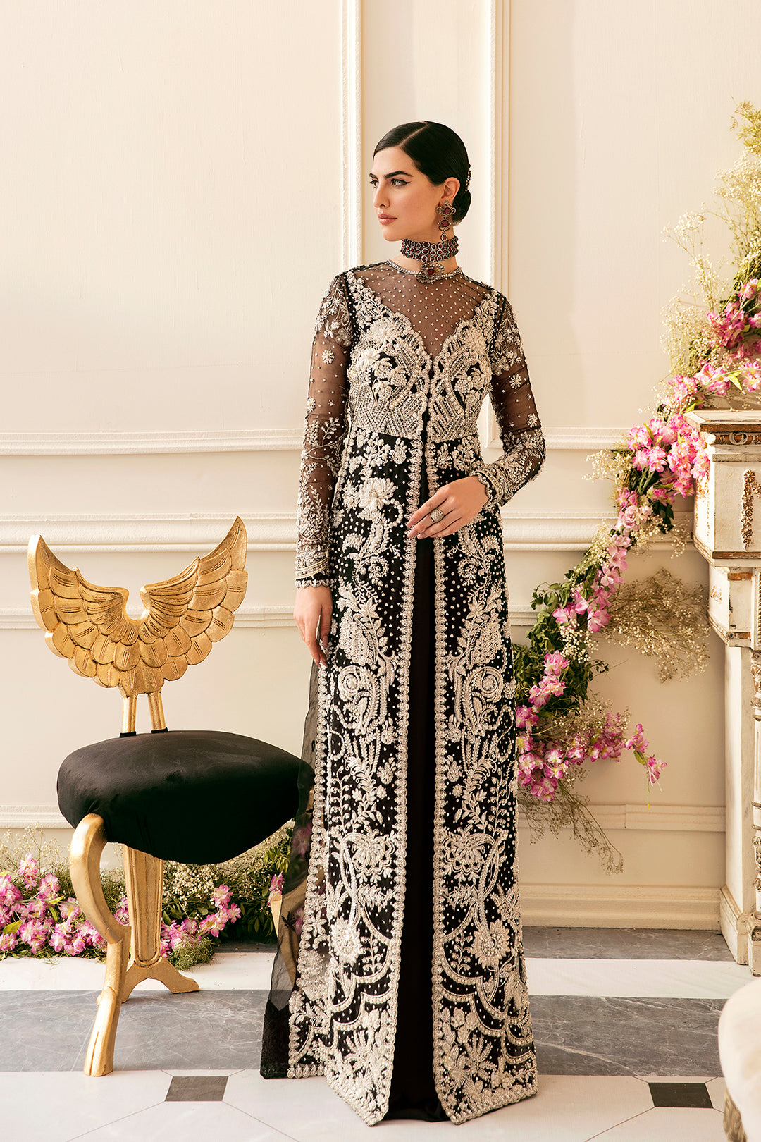 Black & White Embroidered Organza Jacket with Grip Gown (2-Piece) - Image 1