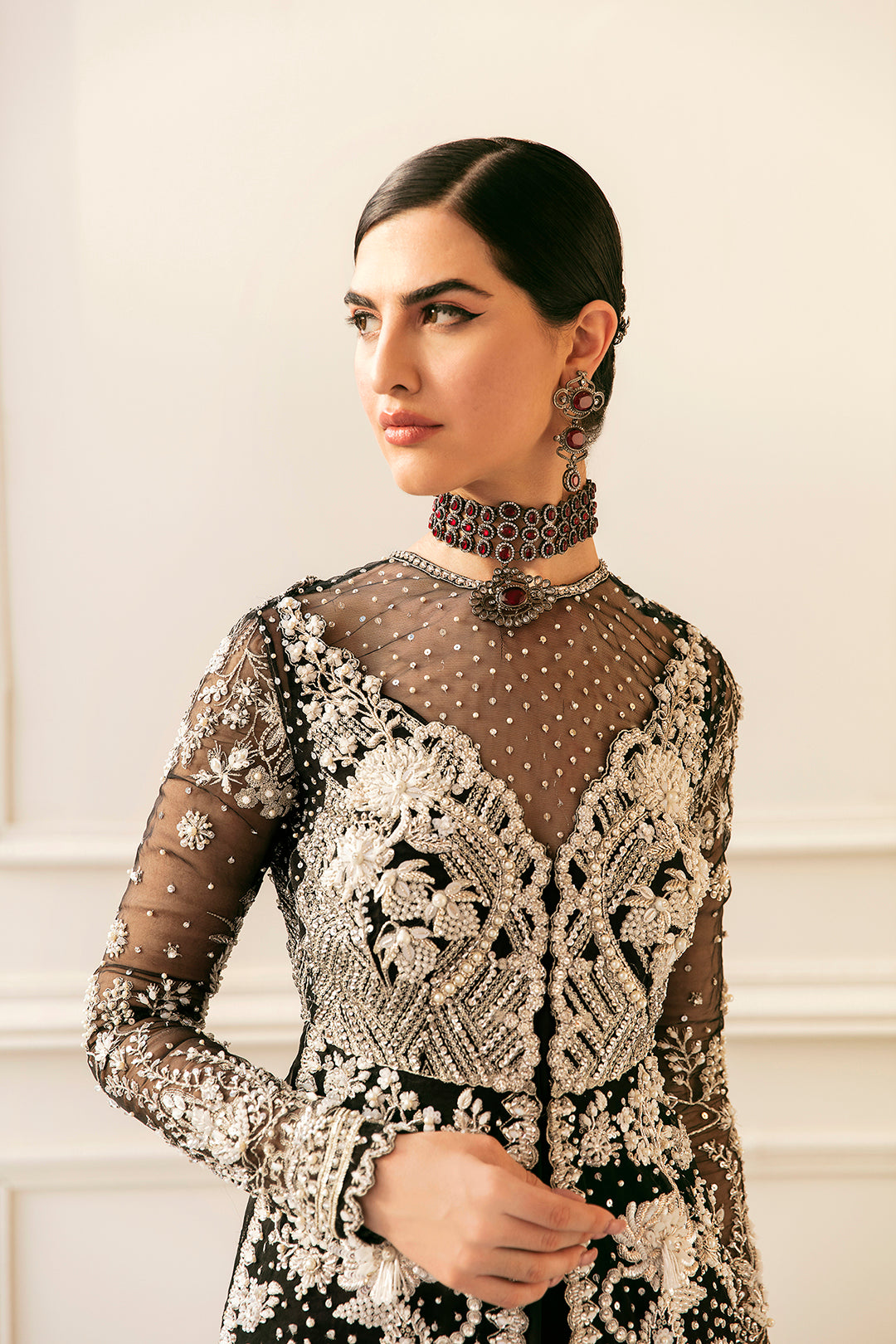 Black & White Embroidered Organza Jacket with Grip Gown (2-Piece) - Image 2