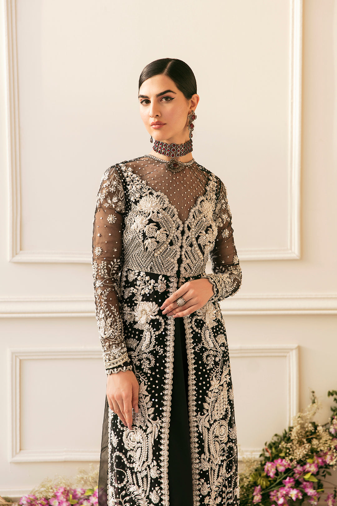 Black & White Embroidered Organza Jacket with Grip Gown (2-Piece) - Image 3