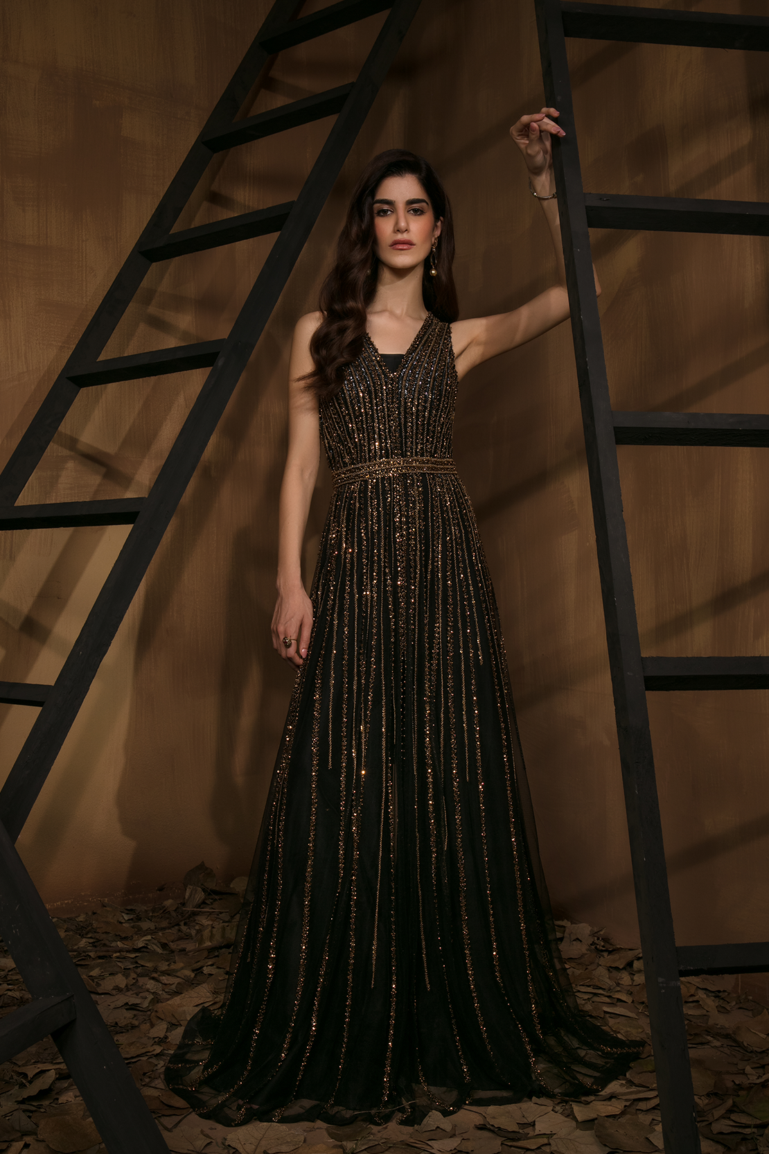 Pakistani Black Beaded Raw Silk Gown (2-Piece) - Image 1