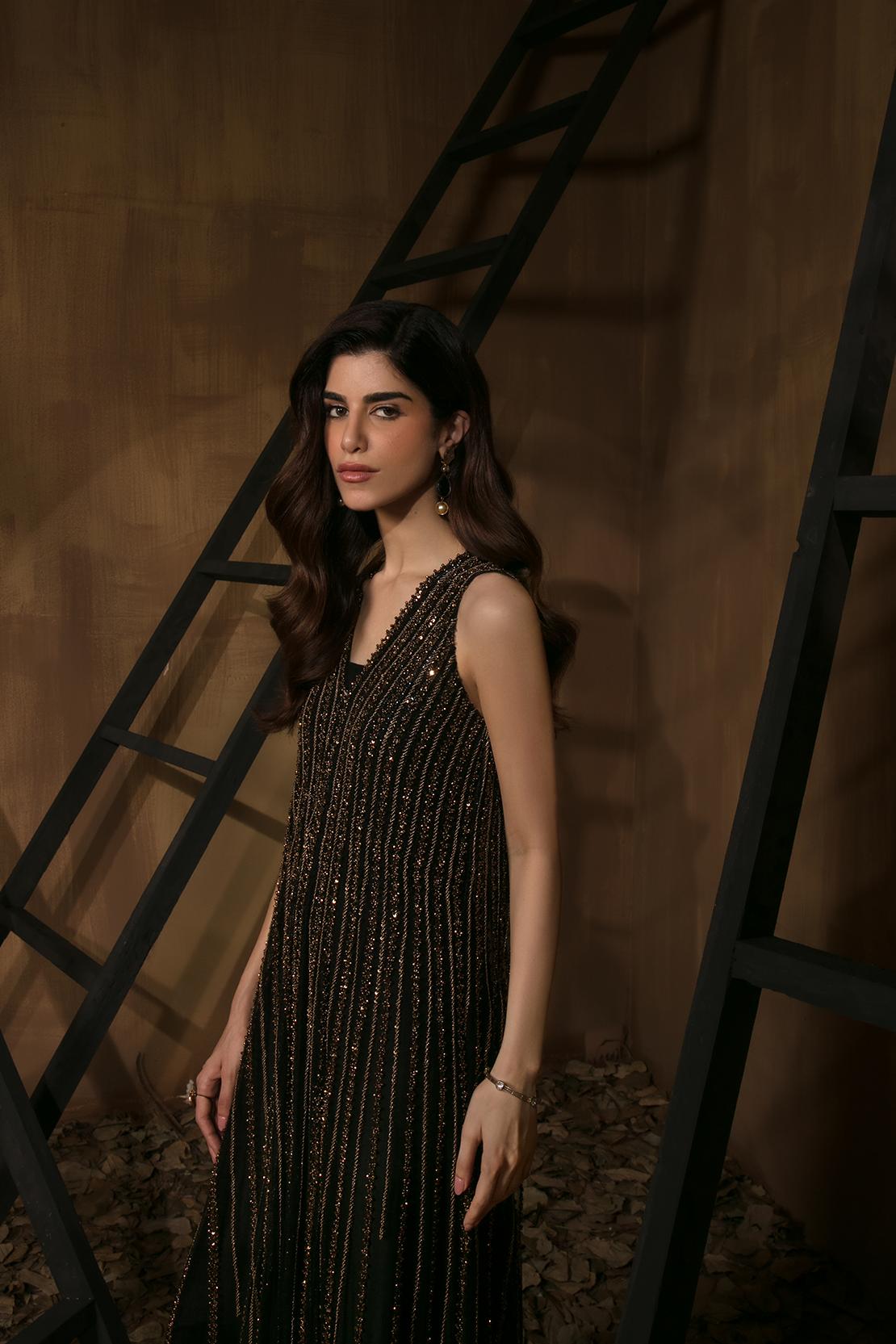 Pakistani Black Beaded Raw Silk Gown (2-Piece) - Image 2