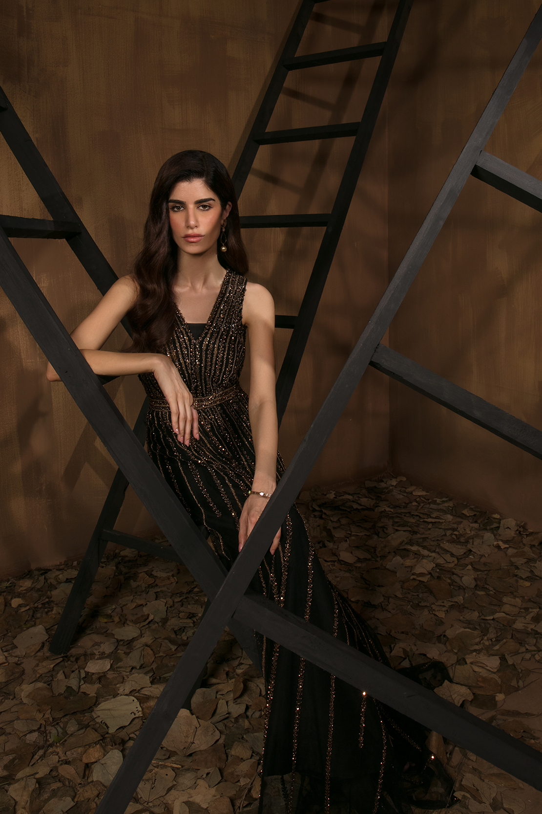 Pakistani Black Beaded Raw Silk Gown (2-Piece) - Image 3