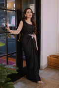 Pakistani Black Crystal & Zardozi Silk Draped Gown (3-Piece) - Image 3