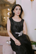 Pakistani Black Crystal & Zardozi Silk Draped Gown (3-Piece) - Image 4