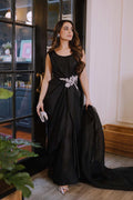 Pakistani Black Crystal & Zardozi Silk Draped Gown (3-Piece) - Image 6