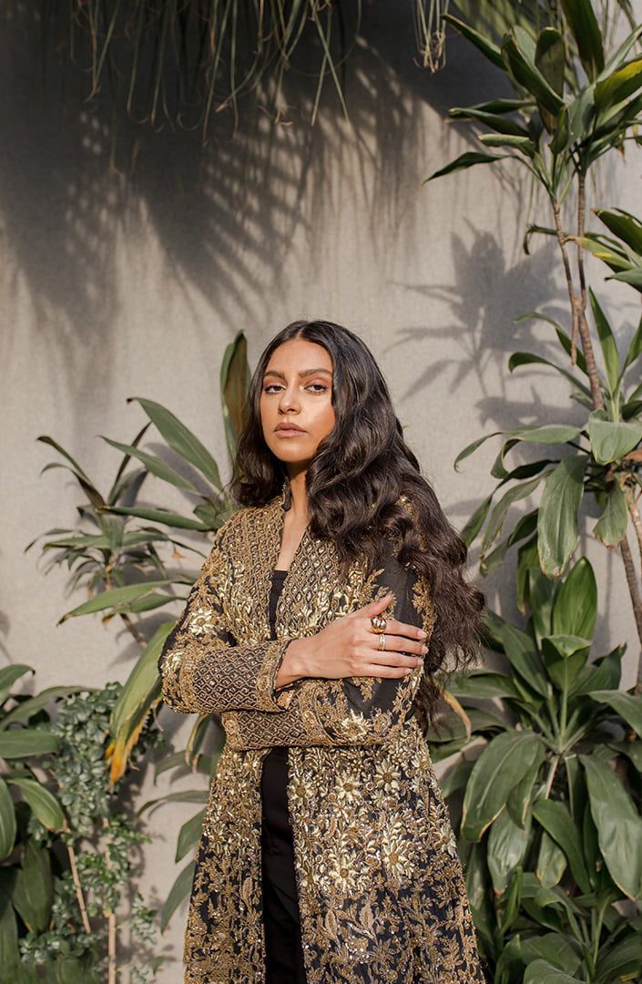 Pakistani Black Embroidered Raw Silk Long Gown (2-Piece) - Image 1